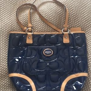 GORGEOUS Coach purse, shiny blue with tan handles!
